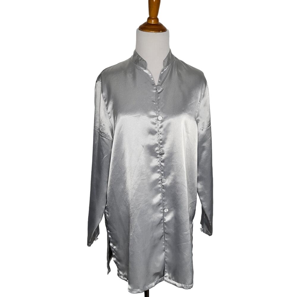 Vintage Diane von Furstenberg Silver Satin Blouse Glam Maximalist Women Small